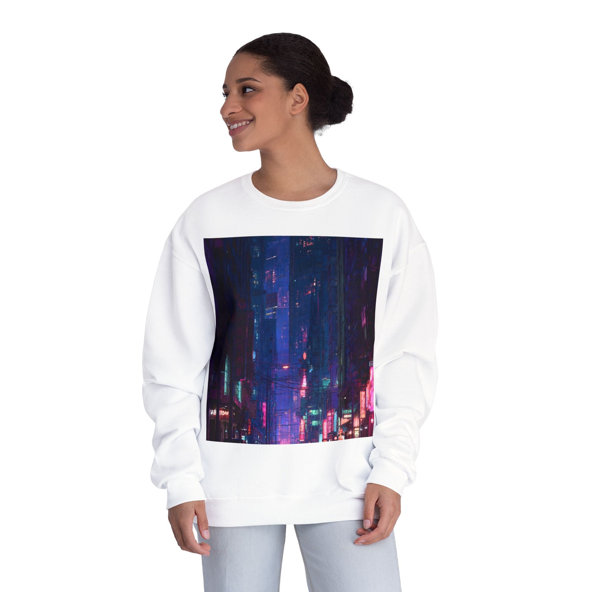 Cybercity Nightscape Crewneck Sweatshirt — Neon Vaporwave Urban Graphic