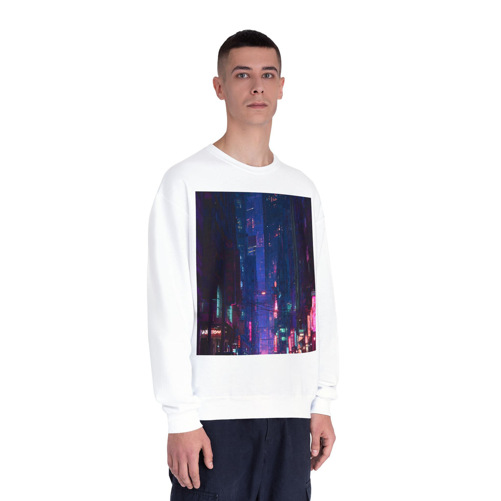 Cybercity Nightscape Crewneck Sweatshirt — Neon Vaporwave Urban Graphic