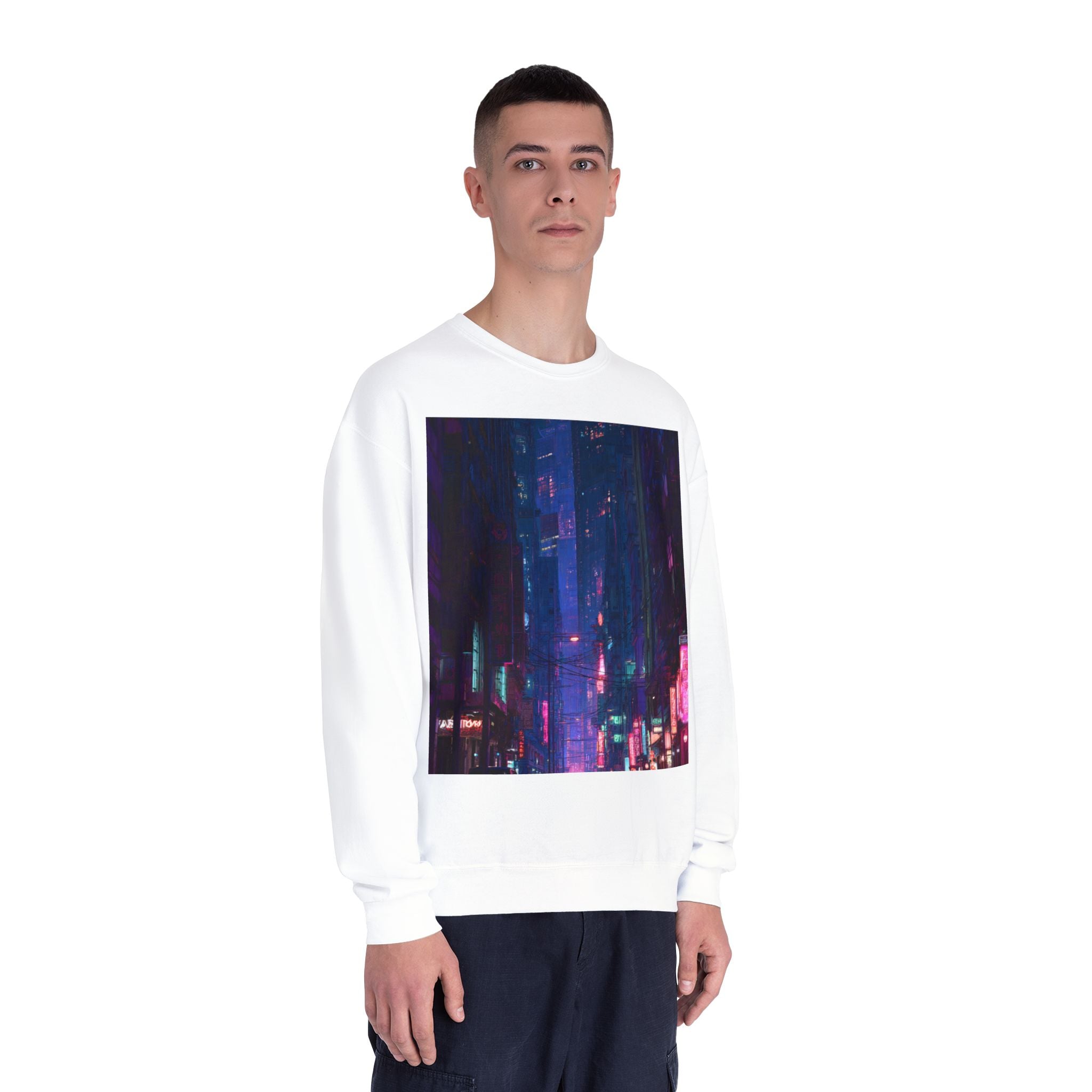 Cybercity Nightscape Crewneck Sweatshirt — Neon Vaporwave Urban Graphic