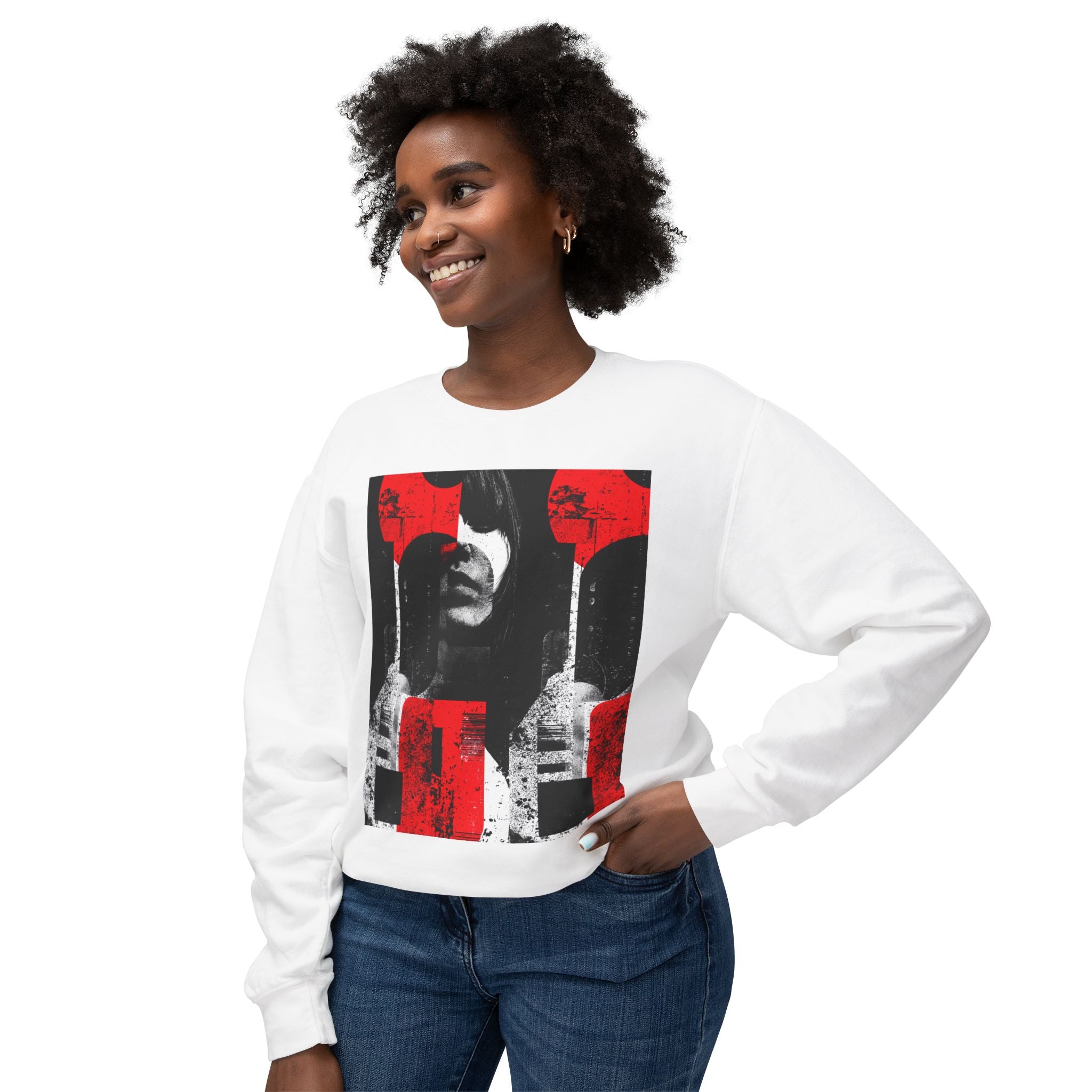 Crewneck Sweatshirt — Red & Black Retro Collage Portrait Graphic