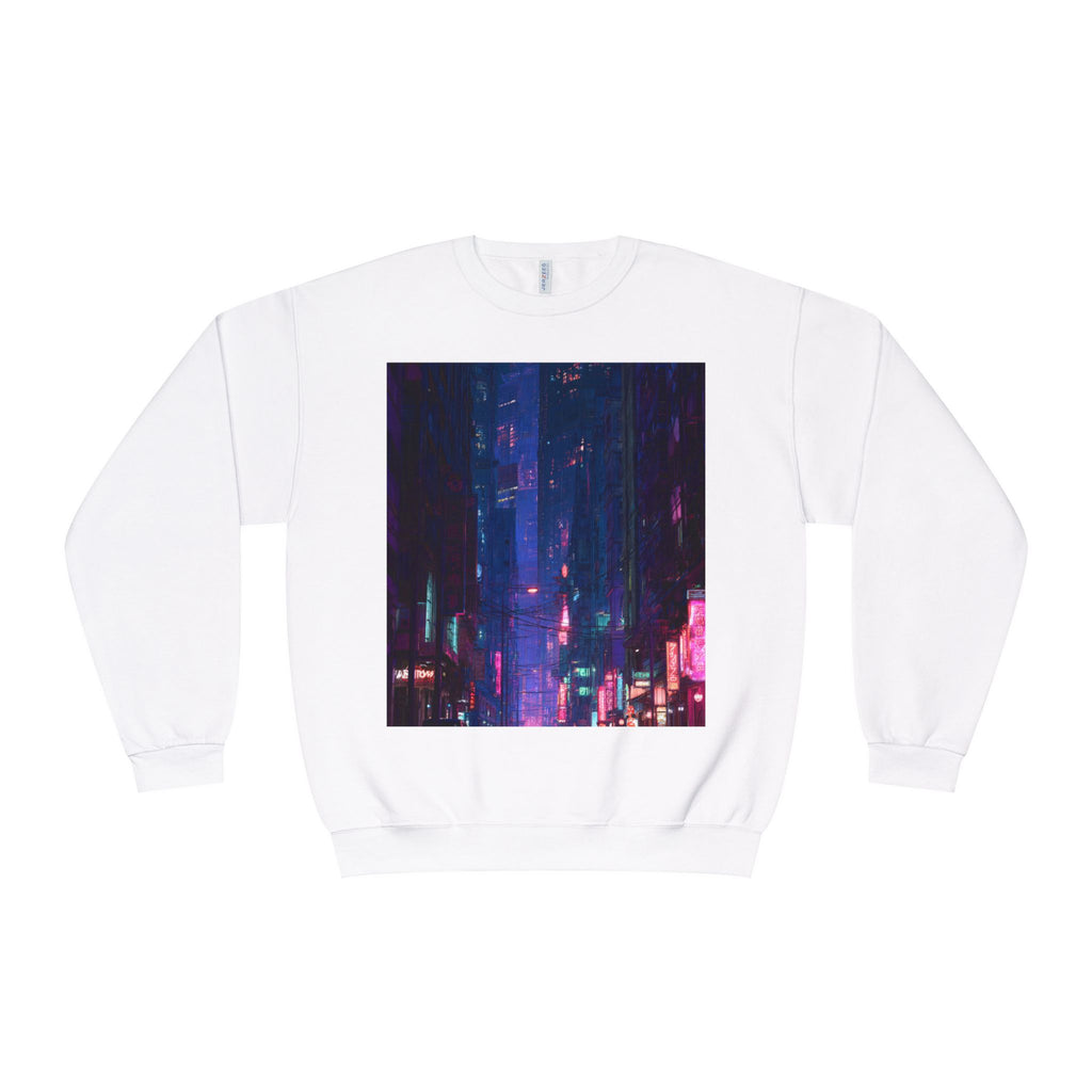 Cybercity Nightscape Crewneck Sweatshirt — Neon Vaporwave Urban Graphic
