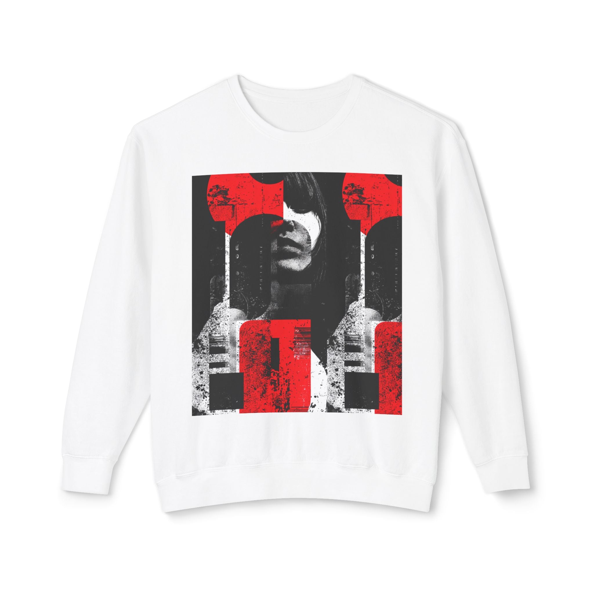 Crewneck Sweatshirt — Red & Black Retro Collage Portrait Graphic